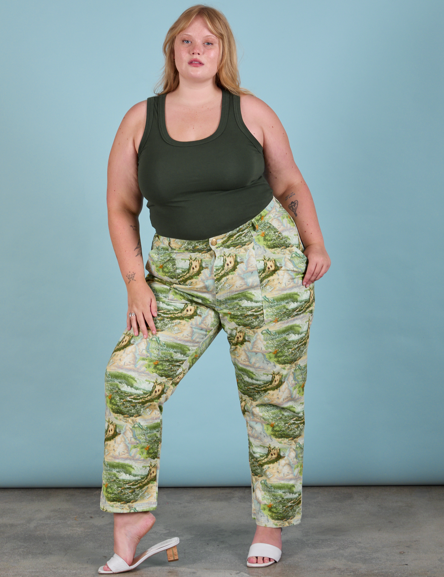 Work Pants in Ocean and Sky and swamp green Tank Top on Juliet