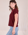 Organic Vintage Tee in Red Wine side view on Alex