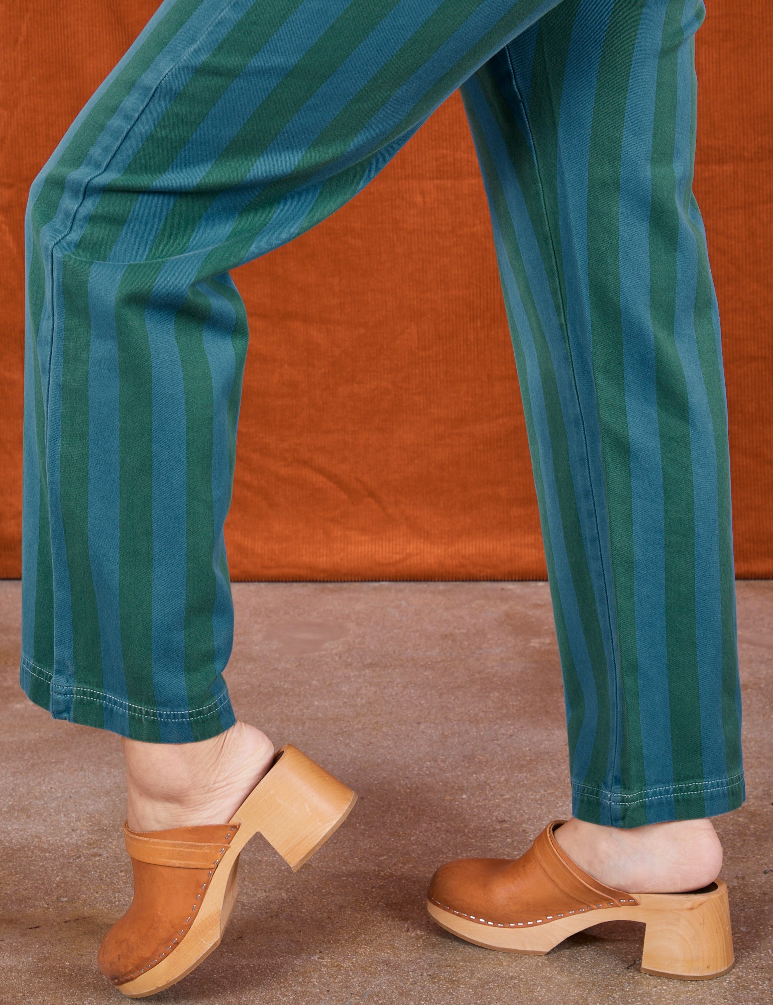 Overdye Stripe Work Pants in Blue/Green pant leg side view on Tiara