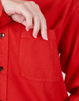 Twill Overshirt in Mustang Red front pocket close up