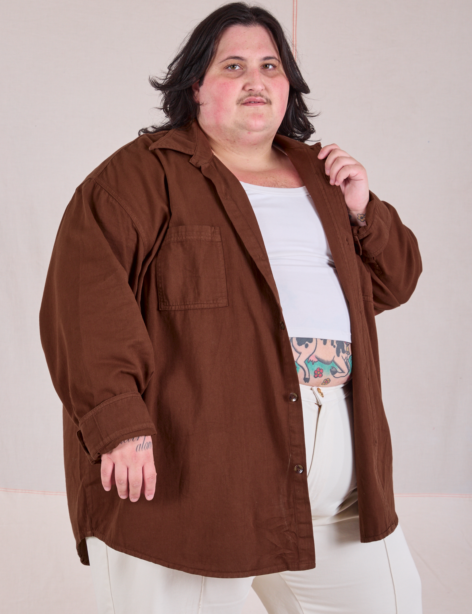 Twill Overshirt in Fudgesicle Brown angled front view on Sam