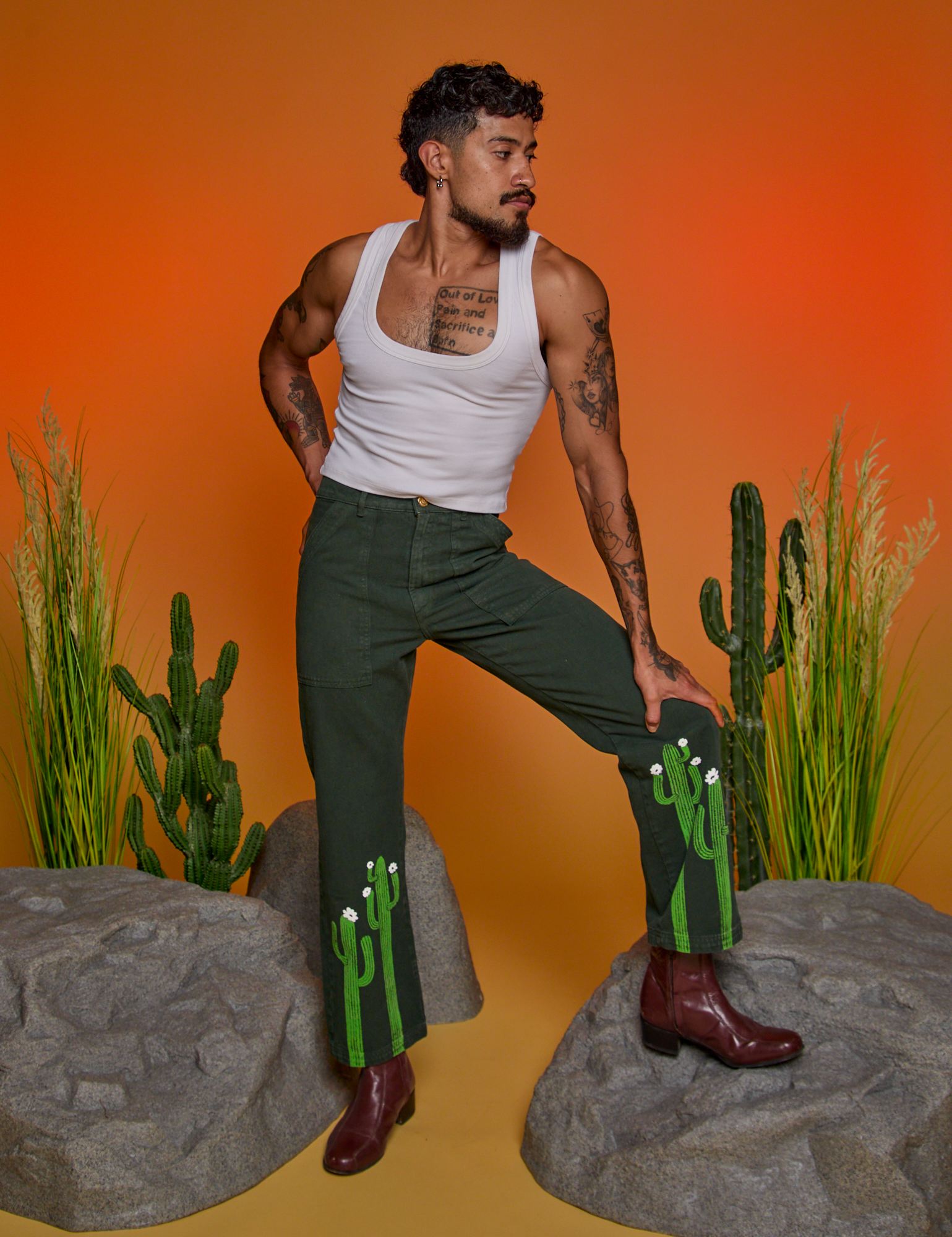 Paintstamped Work Pants in Cactus and Cropped Tank in Vintage Tee White worn by Jesse