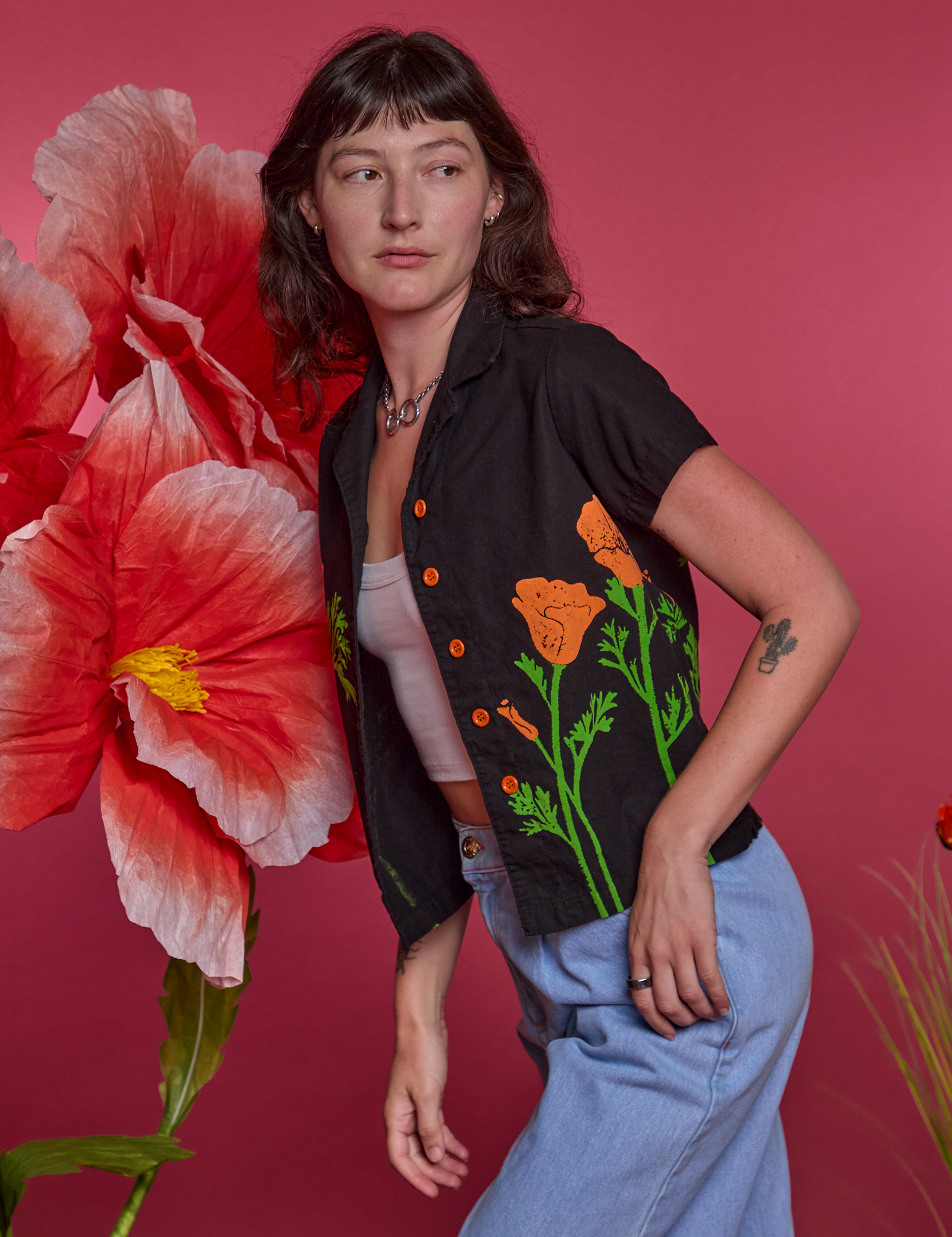 Angled front view of Paintstamped Pantry Button-Up in Poppy on Alex