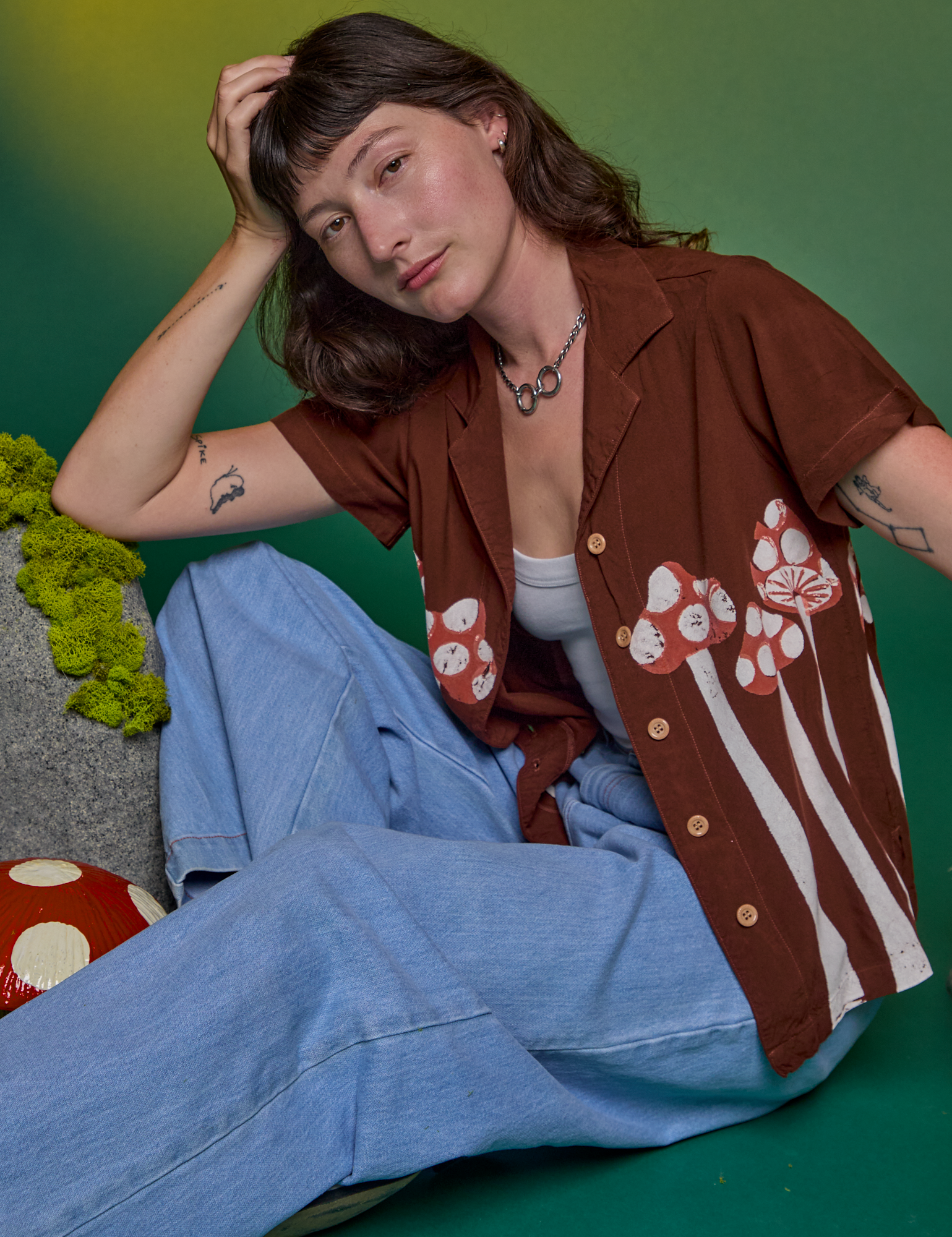 Paintstamped Pantry Button-Up in Mushroom on Alex