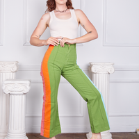 Alex is 5'8" and wearing XS Hand-Painted Stripe Western Pants in Bright Olive paired with a vintage off-white Tank Top