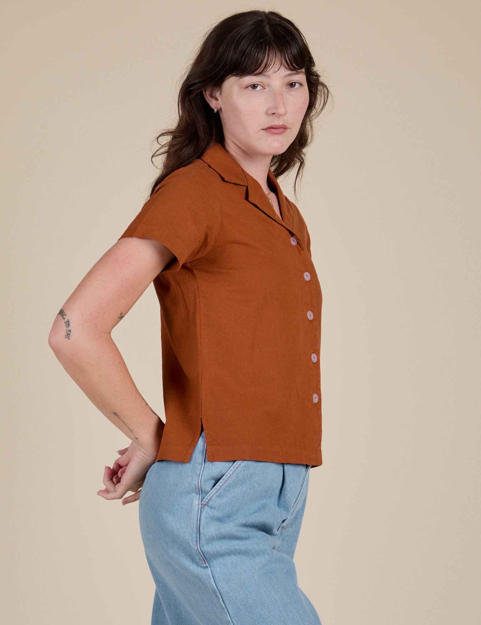 Pantry Button-Up in Burnt Terracotta side view on Alex