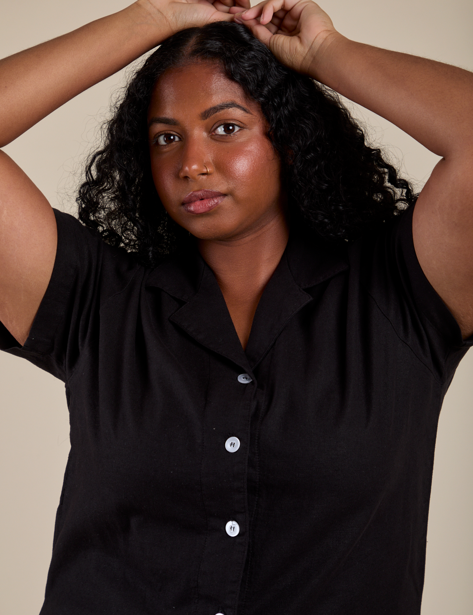 Front close up of Pantry Button-Up in Basic Black on Meghna
