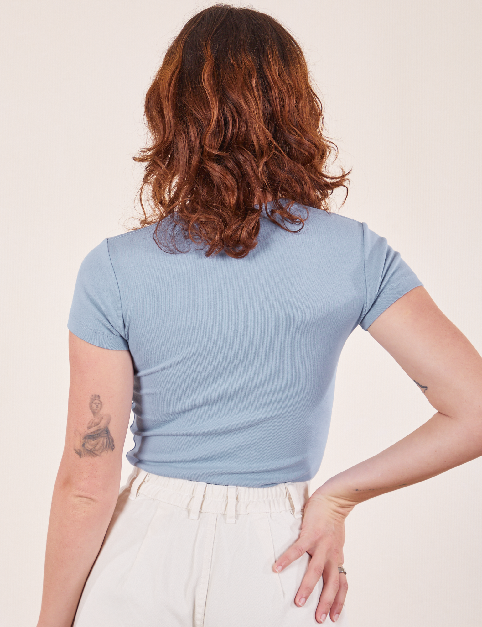 Back view of Baby Tee in Periwinkle on Alex