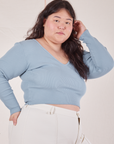 Ashley is wearing Long Sleeve V-Neck Tee in Periwinkle