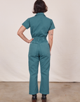 Petite Short Sleeve Jumpsuit in Marine Blue back view on Soraya