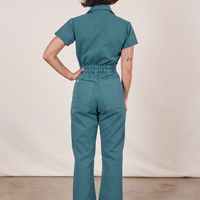 Petite Short Sleeve Jumpsuit in Marine Blue back view on Soraya