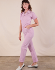 Short Sleeve Jumpsuit in Lilac angled front view on Alex