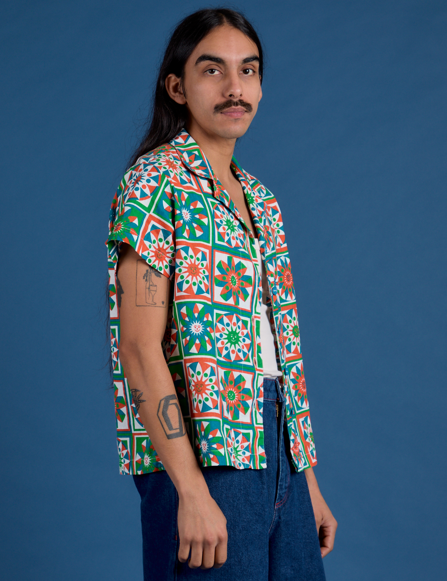 Quilt Print Pantry Button-Up side view on Anthony