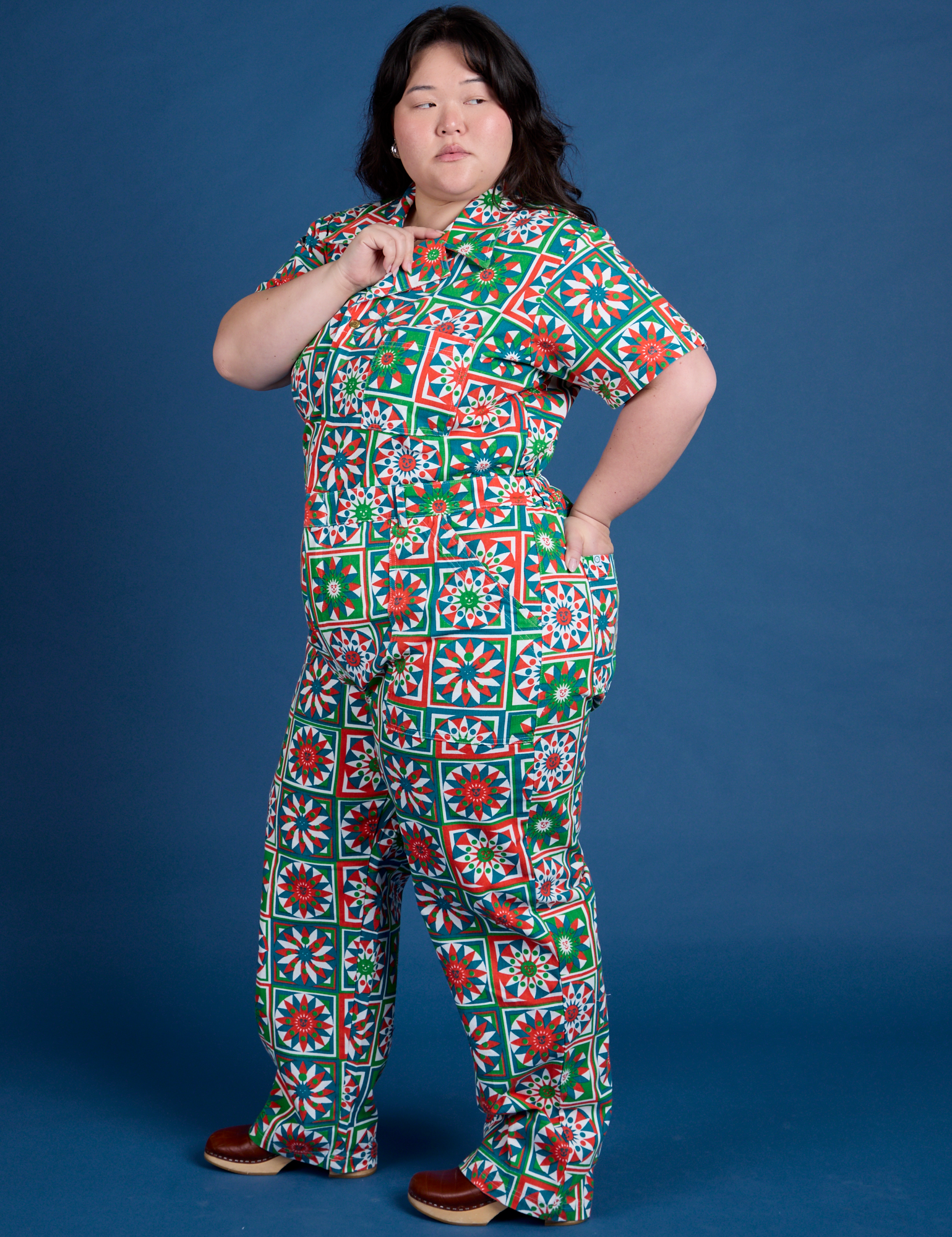 Angled front view of Quilt Print Jumpsuit on Ashley