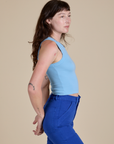 Racerback Tank in Baby Blue side view on Alex