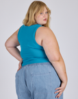 Angled back view of Cropped Tank Top in Hawaiian Blue on Juliet
