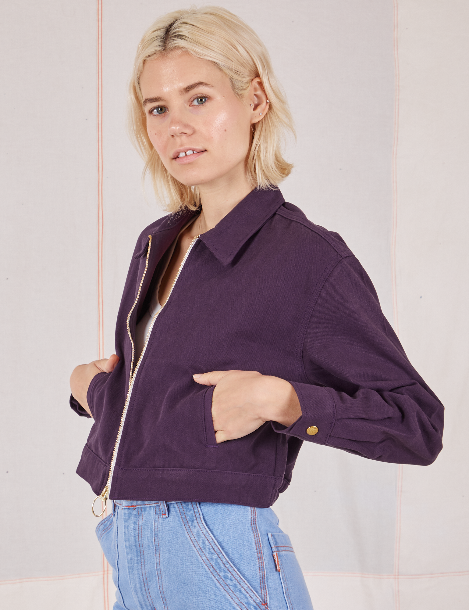 Angled front view of Ricky Jacket in Nebula Purple on Madeline