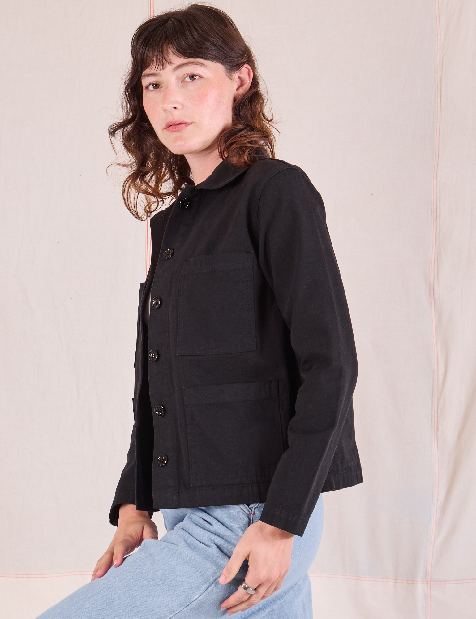 Ripstop Work Jacket in Basic Black side view on Alex