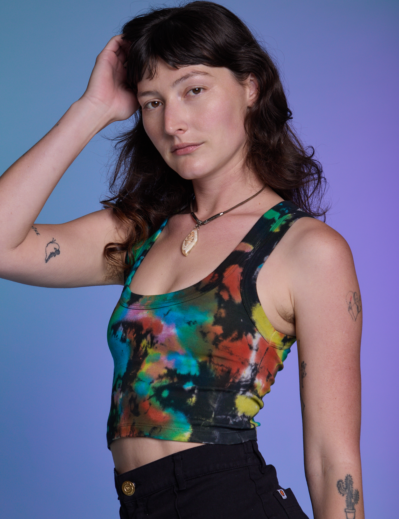 Rainbow Magic Waters Cropped Tank side view on Alex