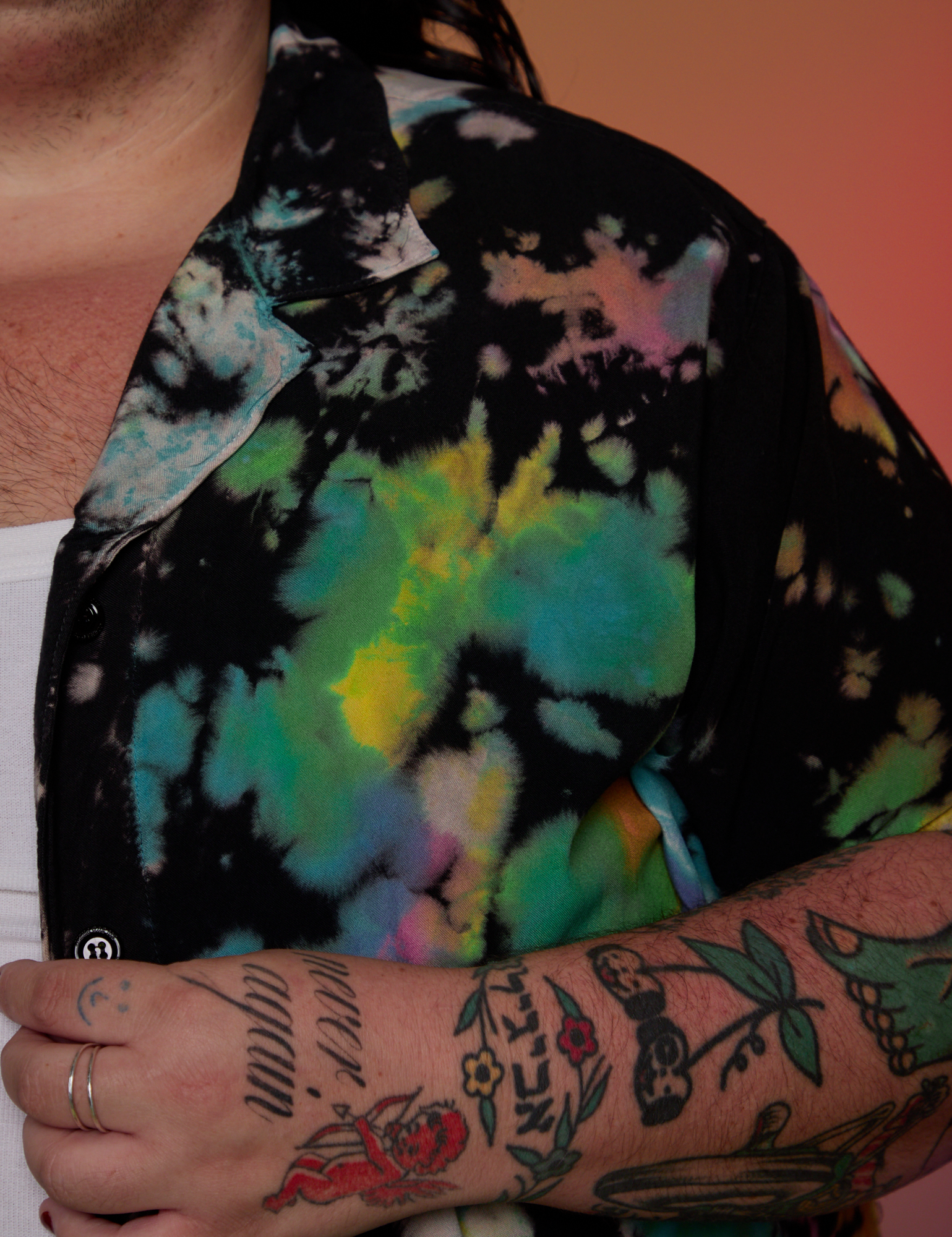 Pantry Button-Up in Rainbow Magic Waters close up on Sam