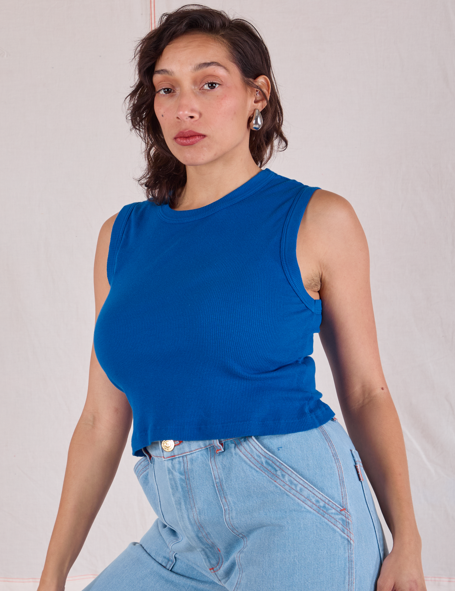 Muscle Tee in Royal Blue angled front view on Tiara