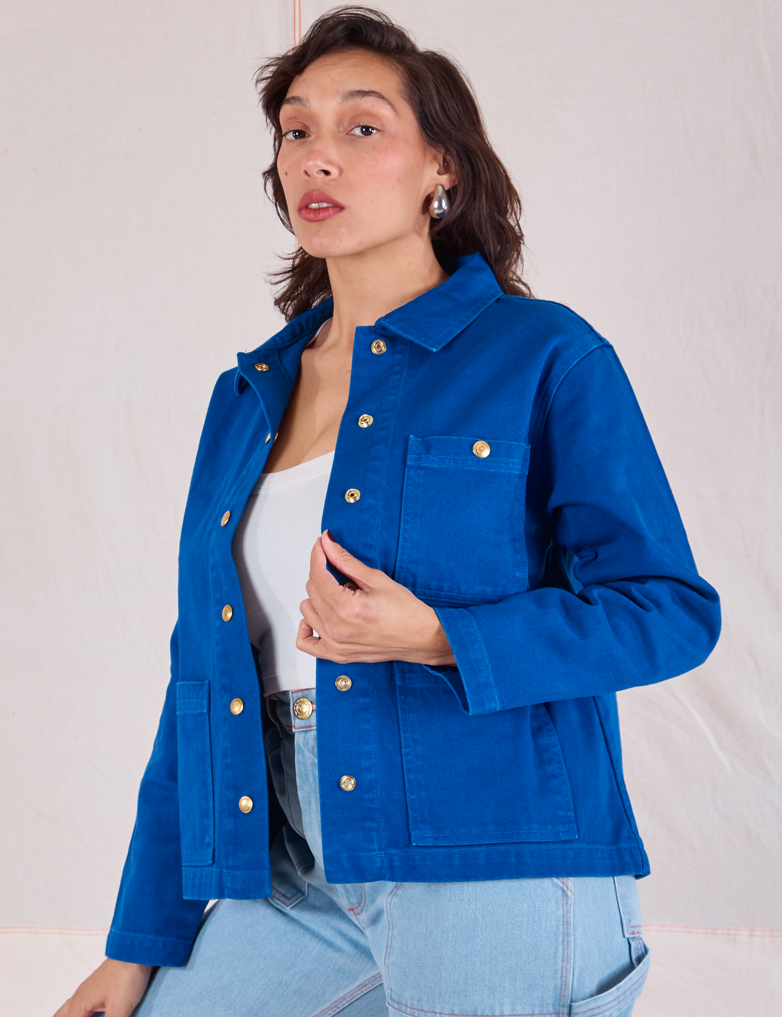 Denim Work Jacket in Royal Blue angled front view on Tiara