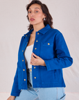 Denim Work Jacket in Royal Blue angled front view on Tiara