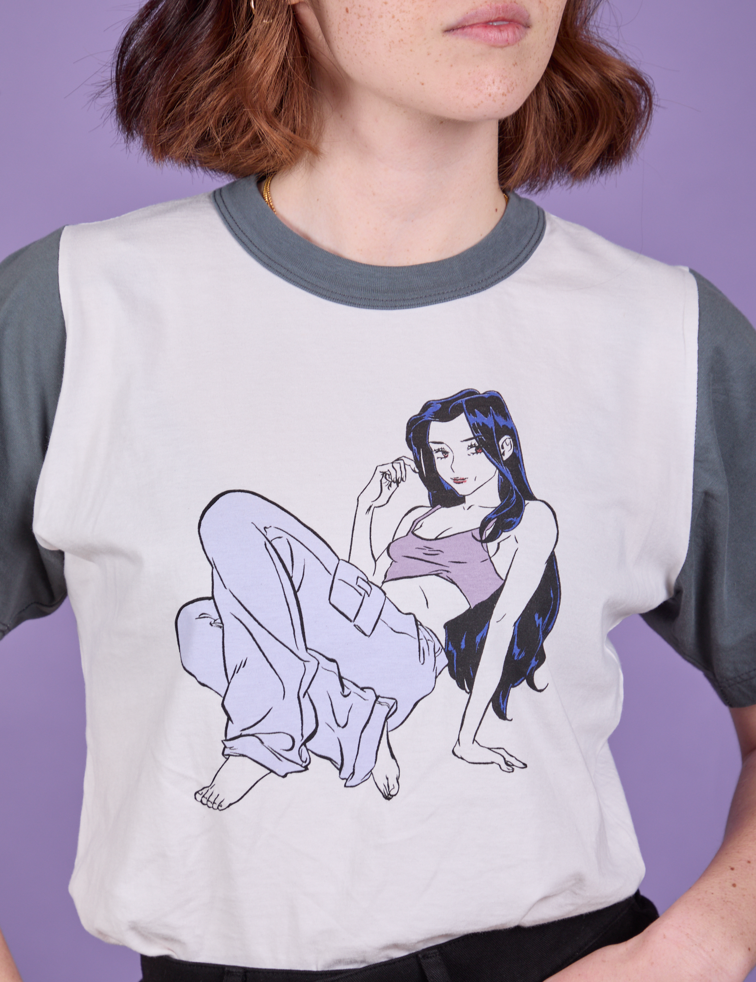 Grey Cool Girl Tee front close up on Hana