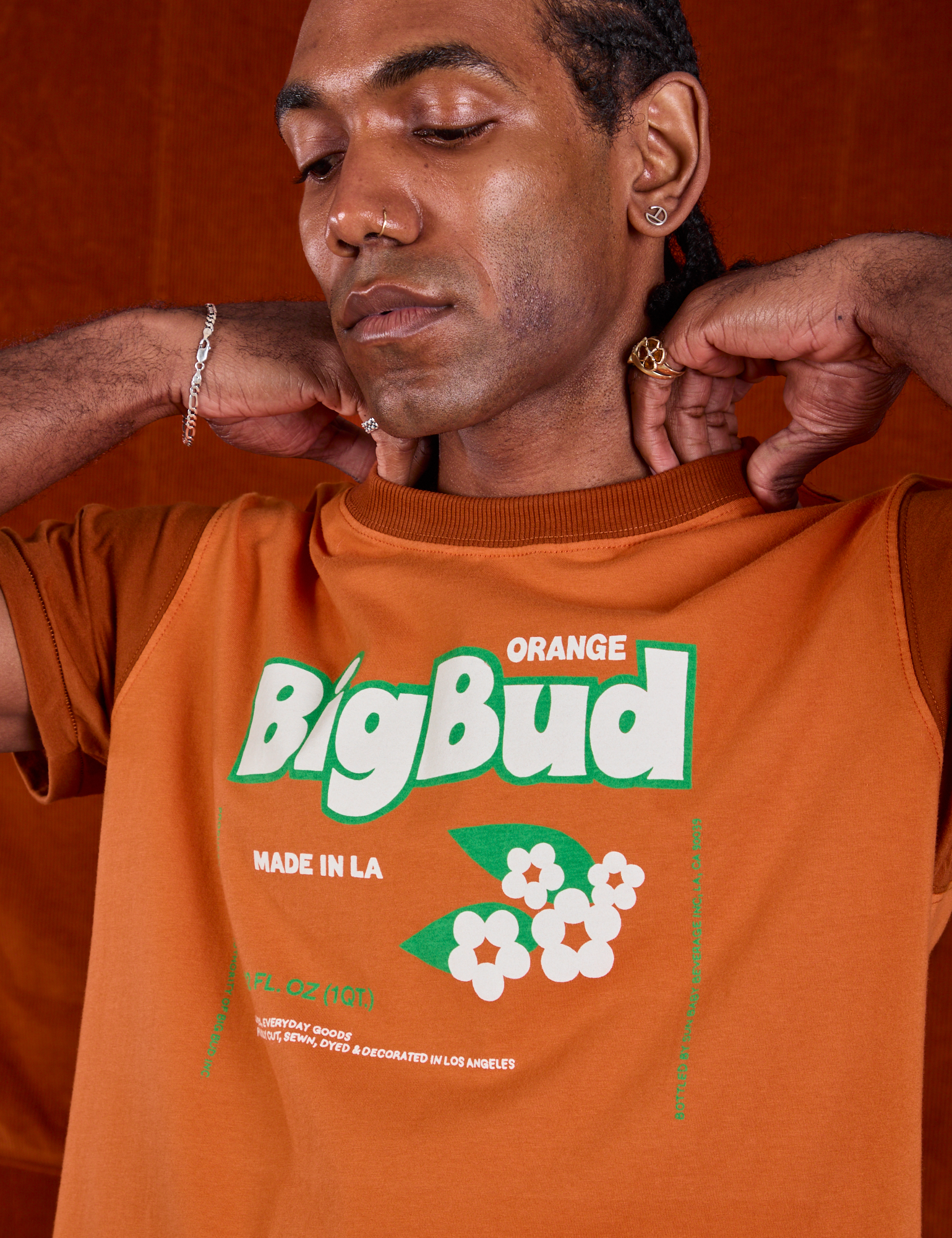 Vintage Tee in Orange Soda close up on Jerrod