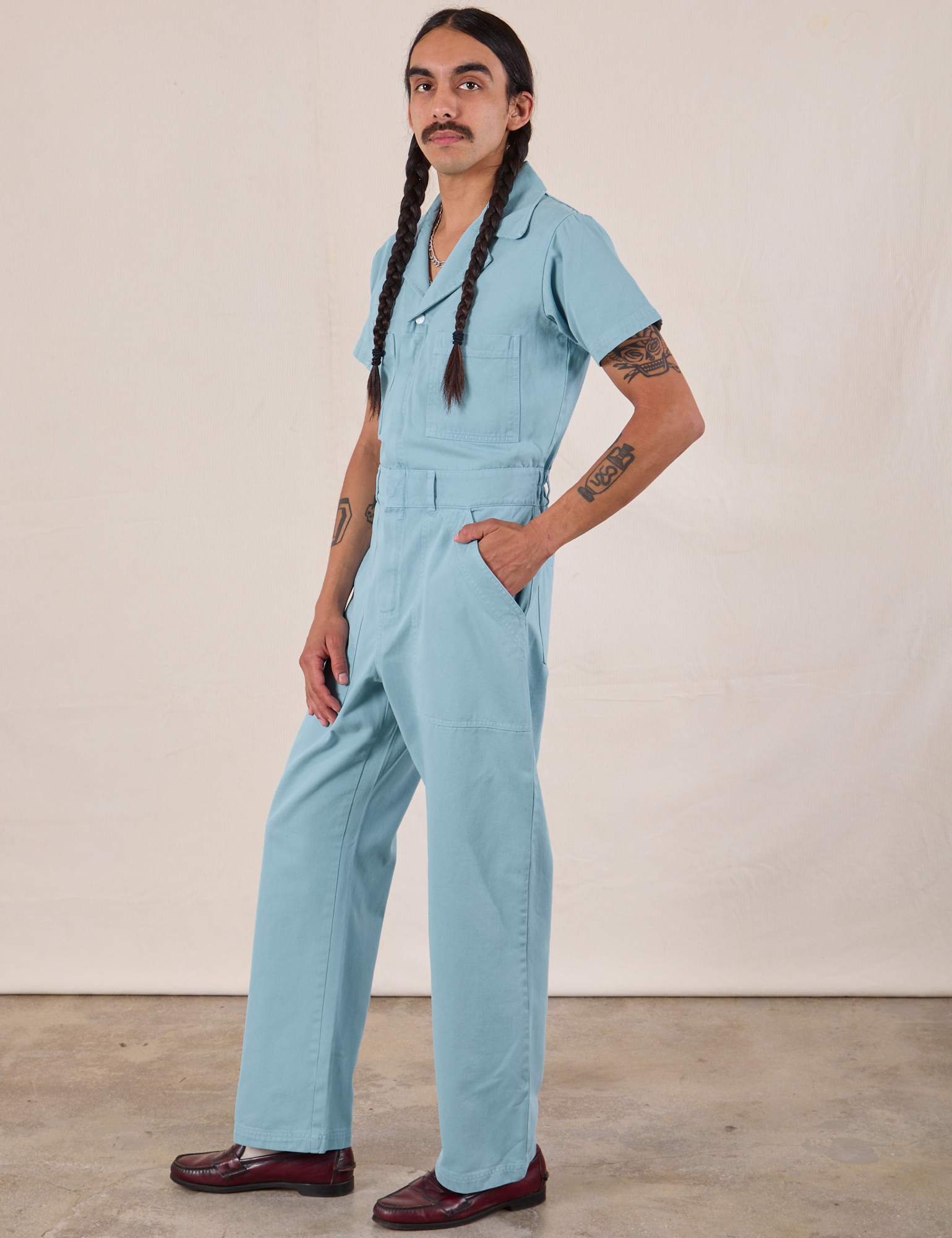 Short Sleeve Jumpsuit in Baby Blue side view on Anthony