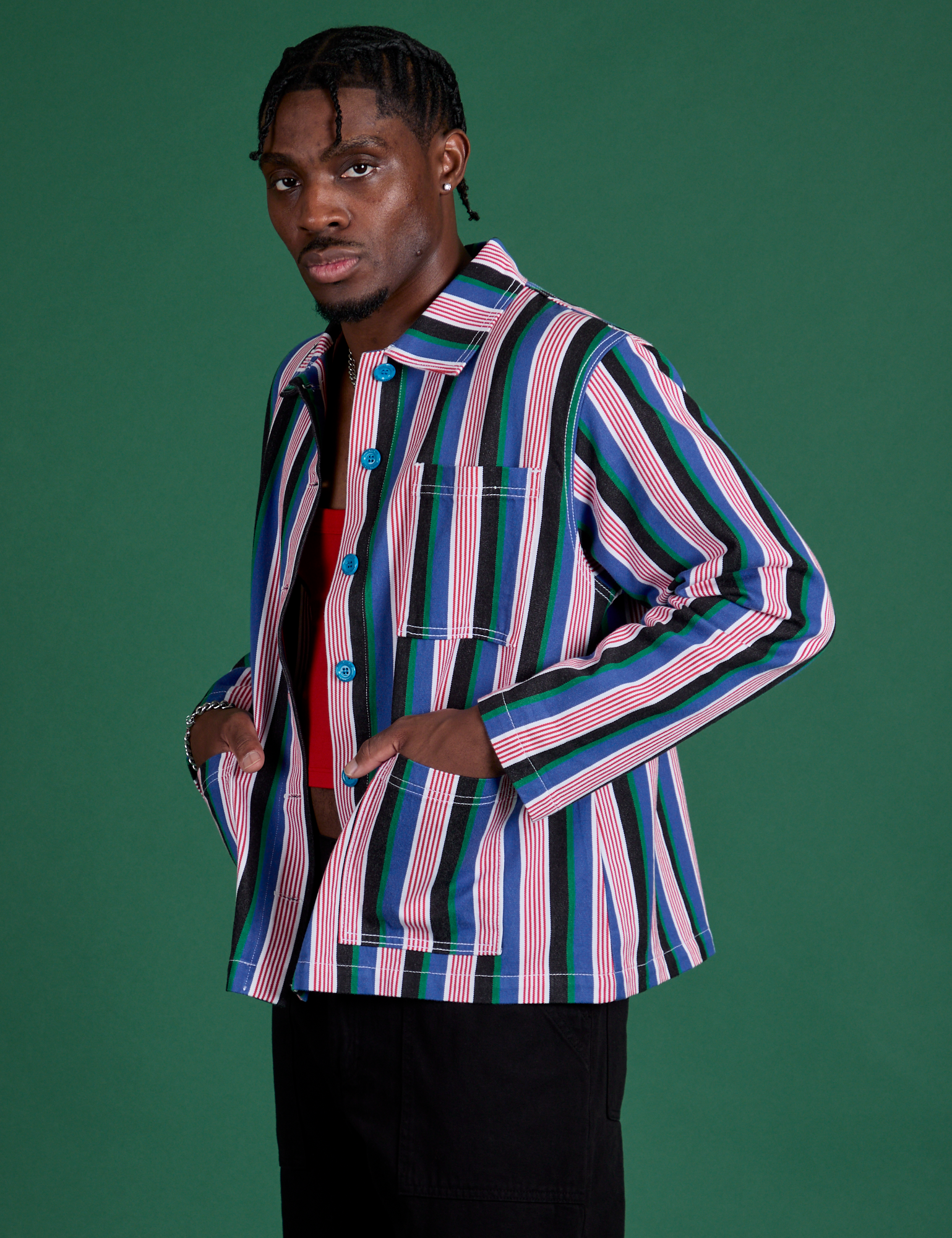 Angled front view of Stripe Work Jacket in Pacific Stripe on Isaac
