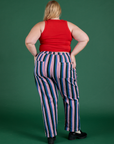 Back view of Work Pants in Pacific Stripe and mustang red Cropped Tank