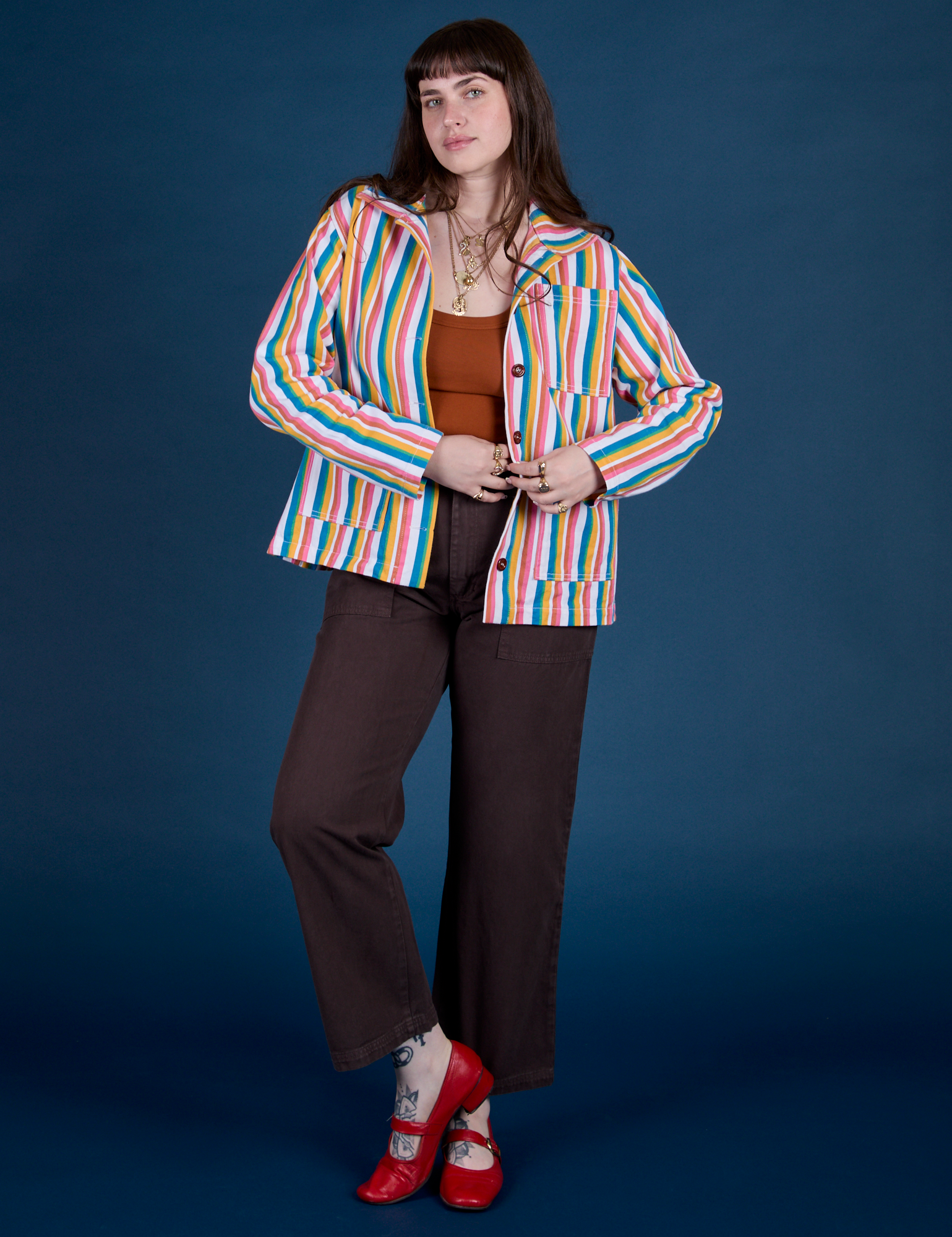 Sydney is wearing  and Stripe Work Jacket in Rainbow Stripe espresso brown Work Pants