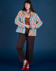 Sydney is wearing  and Stripe Work Jacket in Rainbow Stripe espresso brown Work Pants