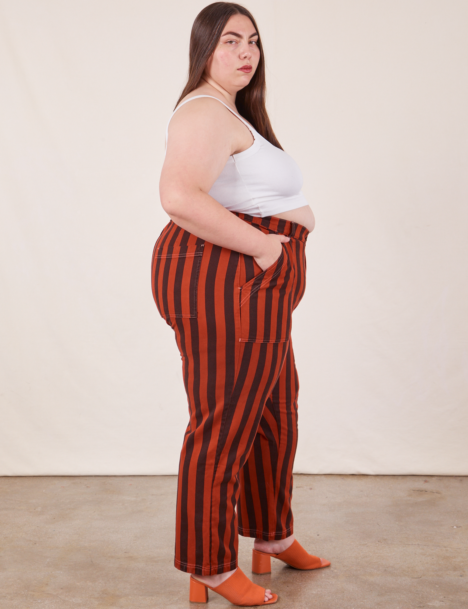 Side view of Black Striped Work Pants in Paprika on Marielena