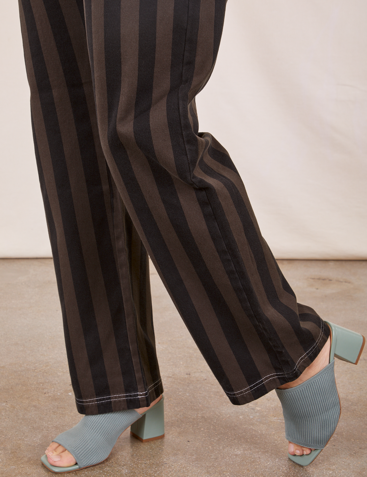 Black Striped Work Pants in Espresso pant leg close up on Tiara
