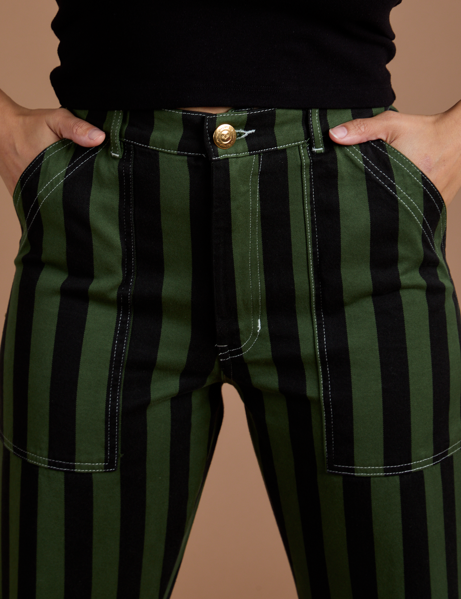 Front close up of Black Stripe Work Pants in Evergreen