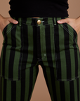 Front close up of Black Stripe Work Pants in Evergreen