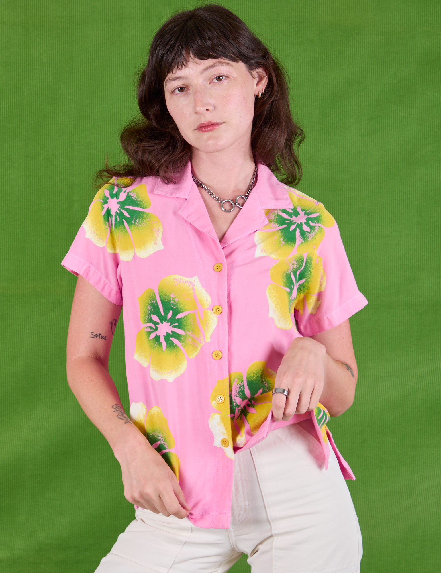 Paintstamped Pantry Button-Up in Bubblegum Pink buttoned up on Alex