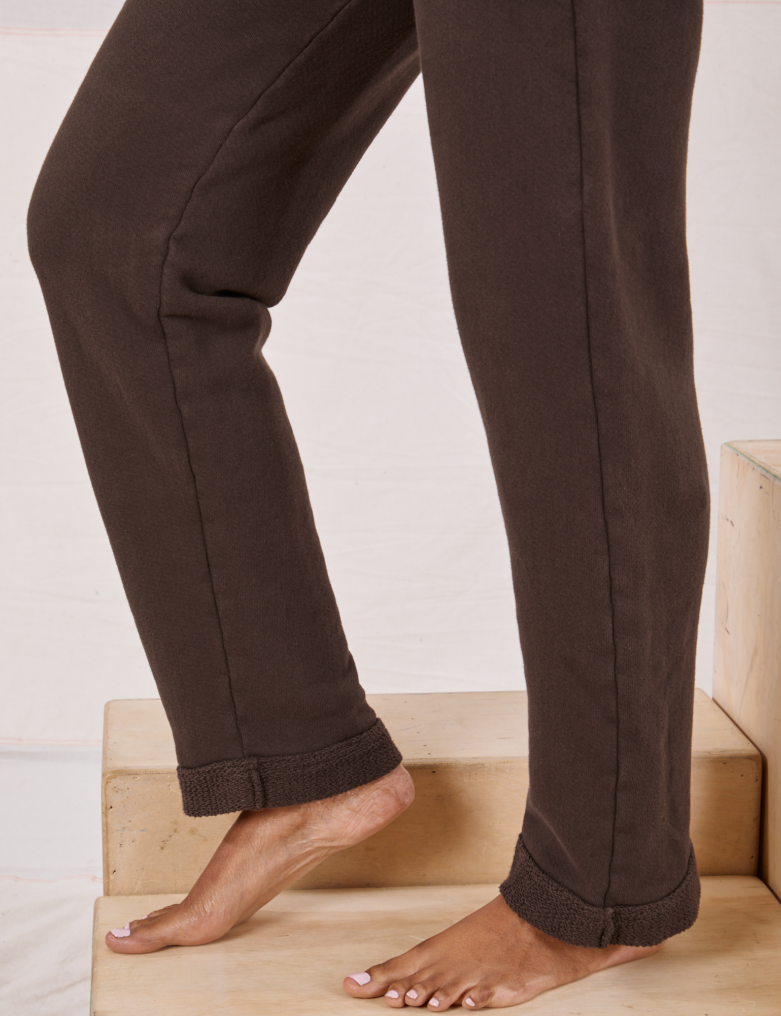 Rolled Cuff Sweat Pants in Espresso Brown pant side view close up on Kandia