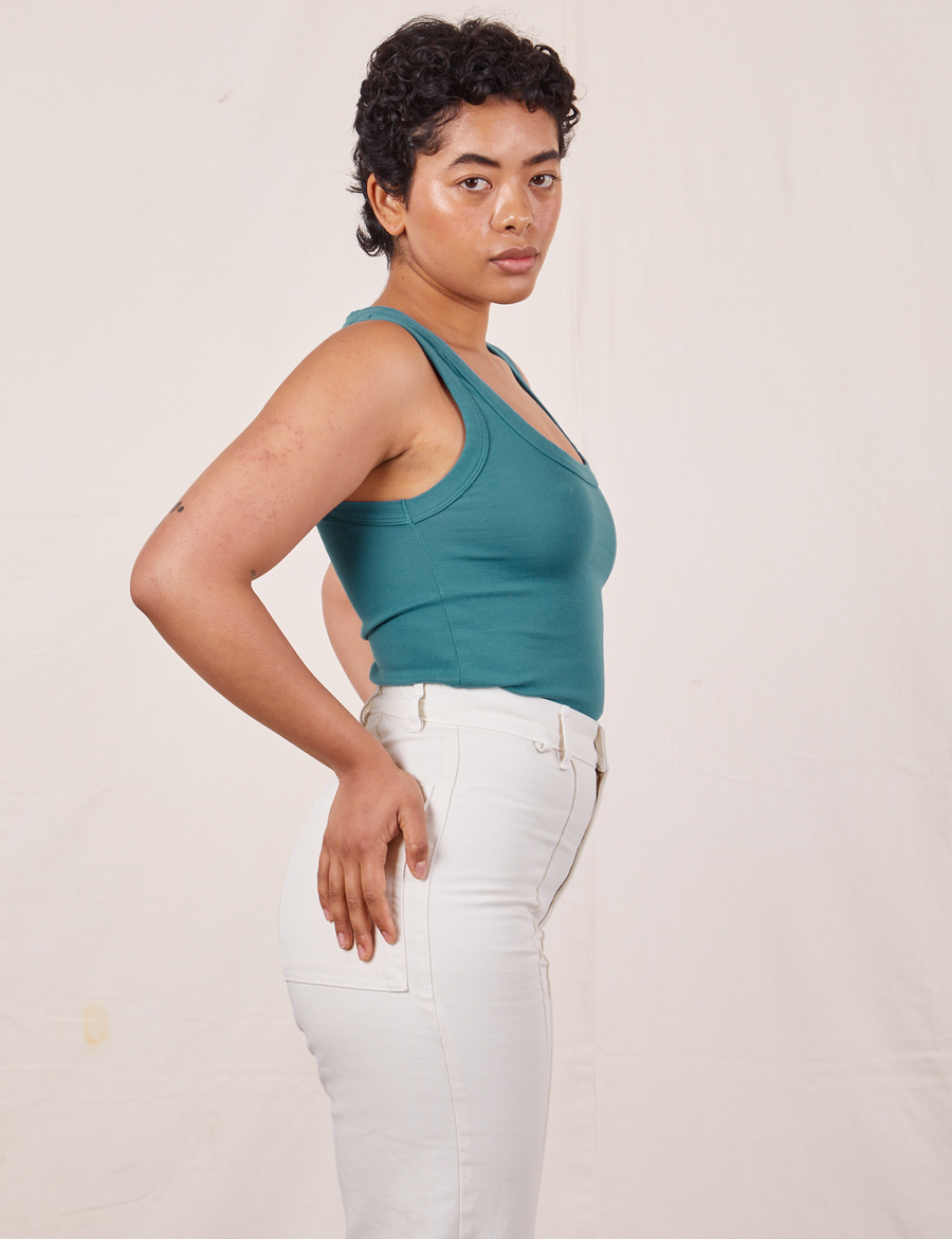 Tank Top in Marine Blue side view on Mika wearing vintage off-white Western Pants