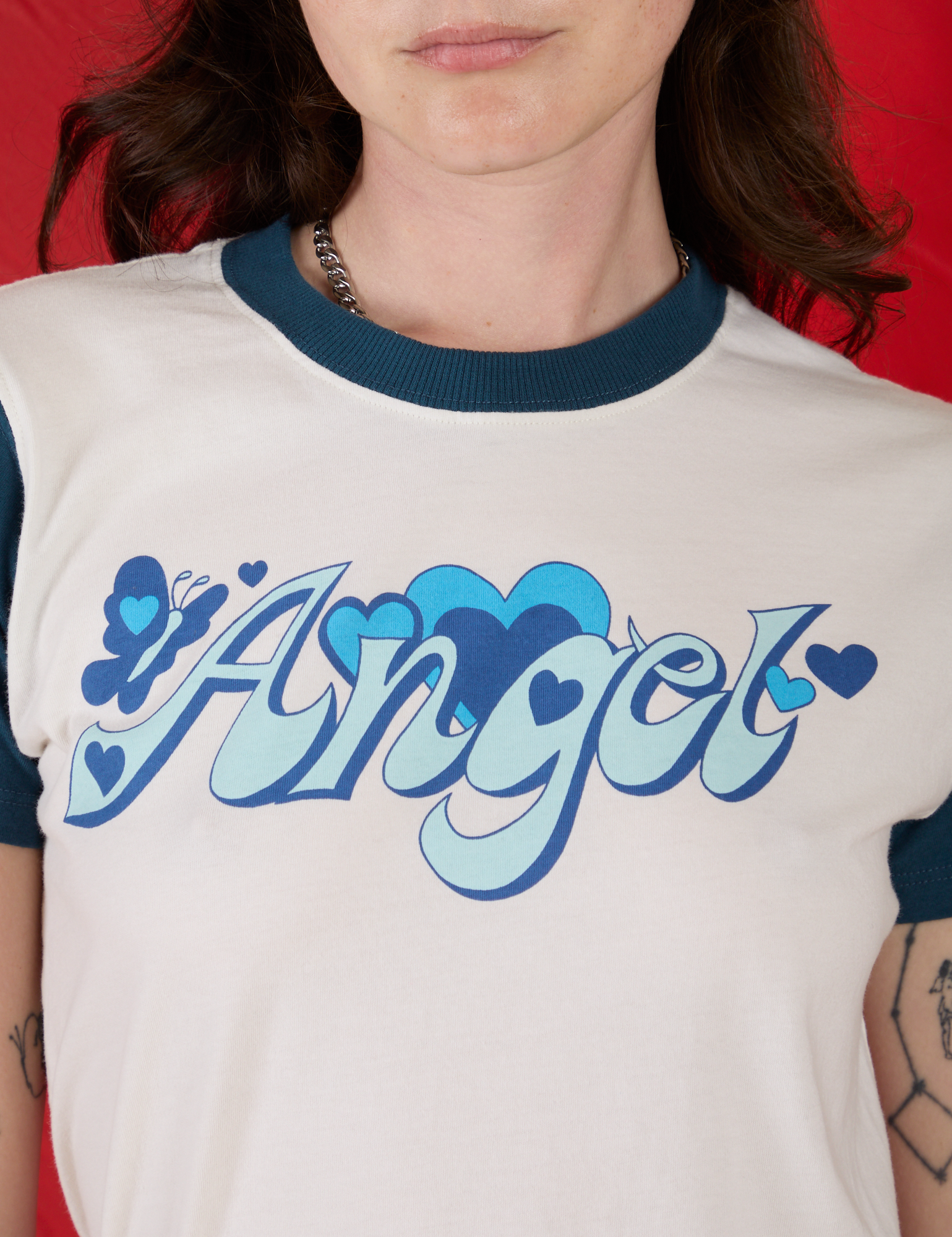 Front close up of Vintage Tee in Angel on Alex