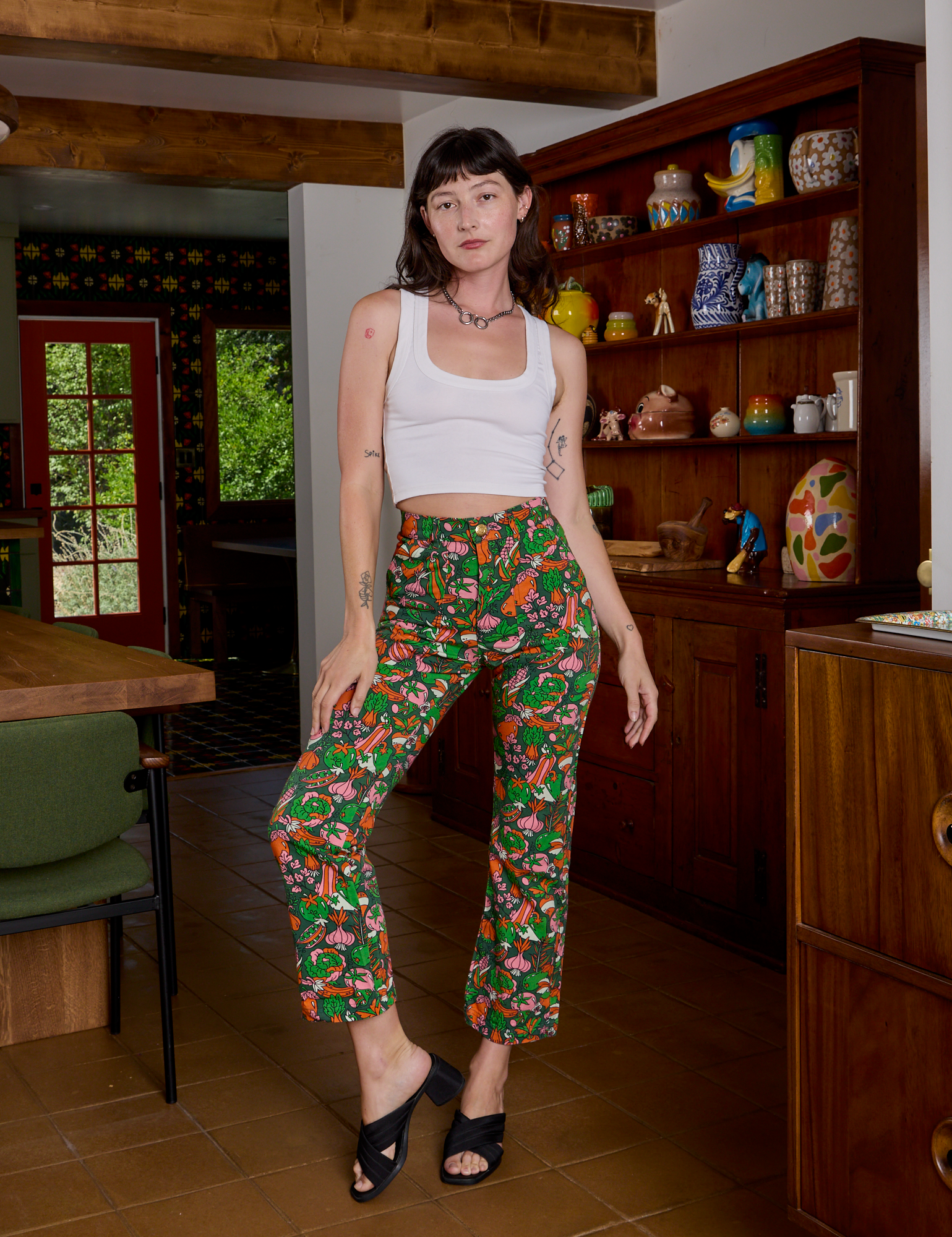 Work Pants in Kitchen Collection and Cropped Tank in Vintage Tee White on Alex