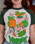 Short Sleeve Raglan Tee in Veggies front close up on Alex
