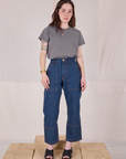 Hana is wearing Organic Vintage Tee in Washed Grey tucked into dark wash Carpenter Jeans