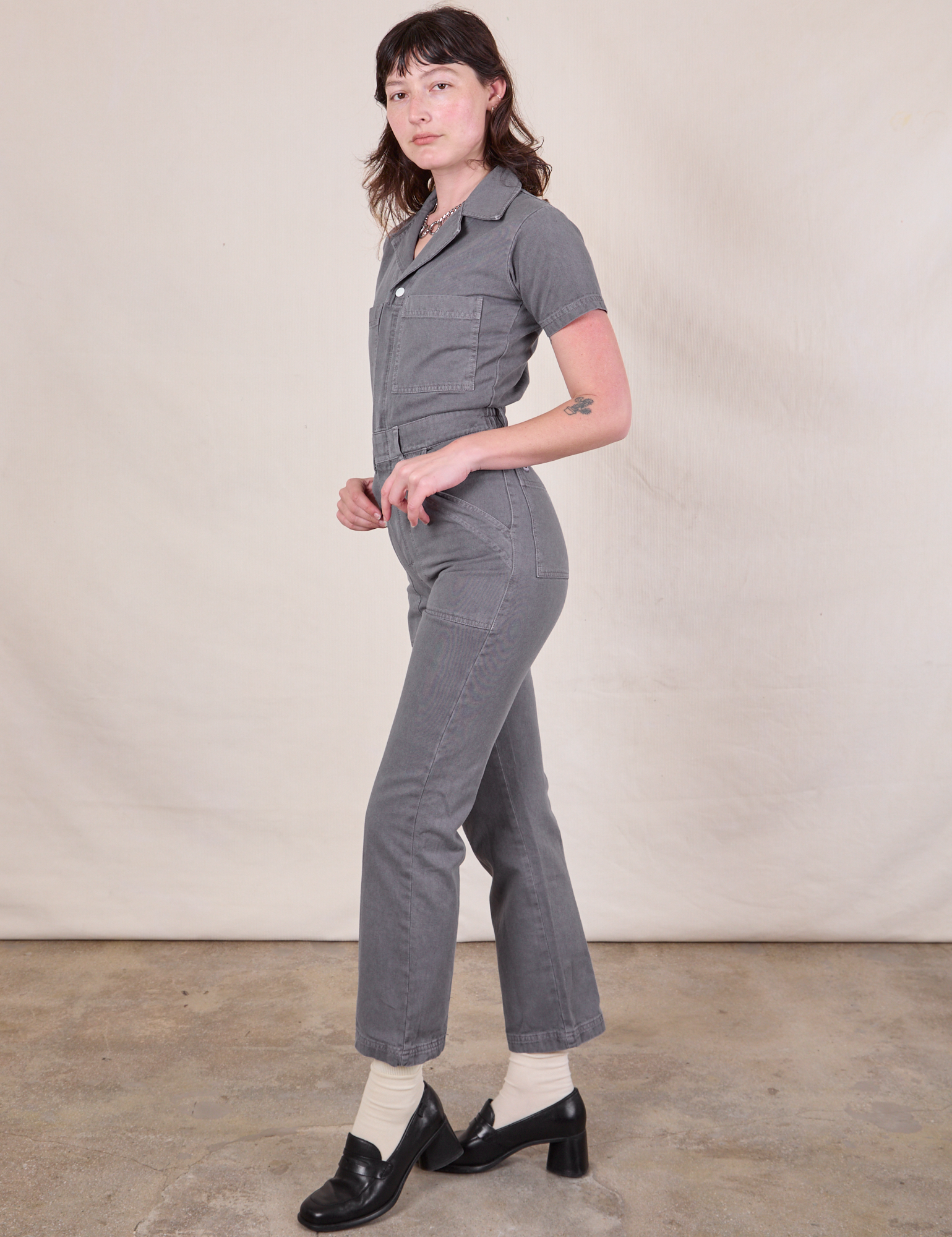 Short Sleeve Jumpsuit in Washed Grey side view on Alex