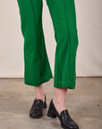 Western Pants in Forest Green pant leg close up on Alex