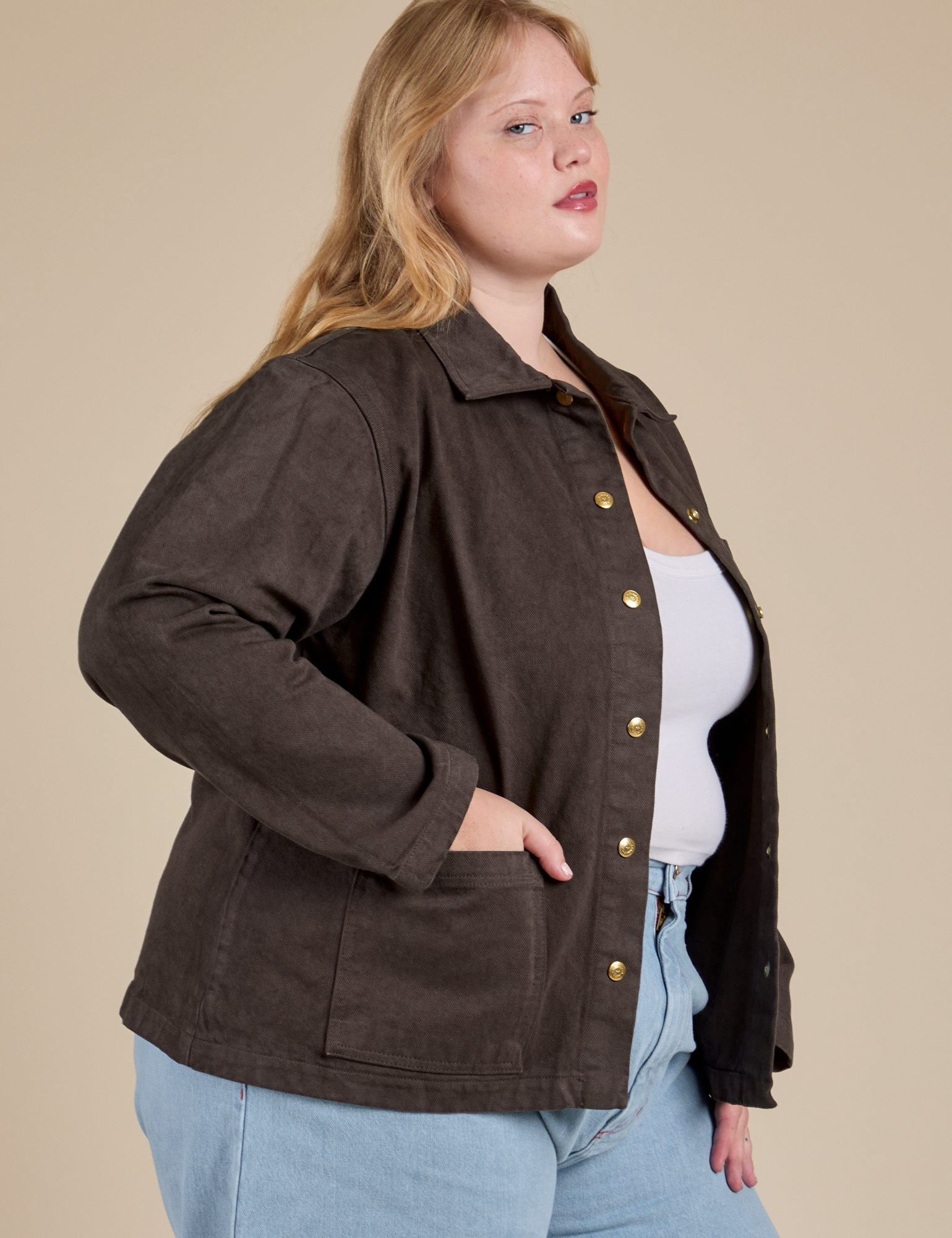 Denim Work Jacket in Espresso Brown side view on Juliet
