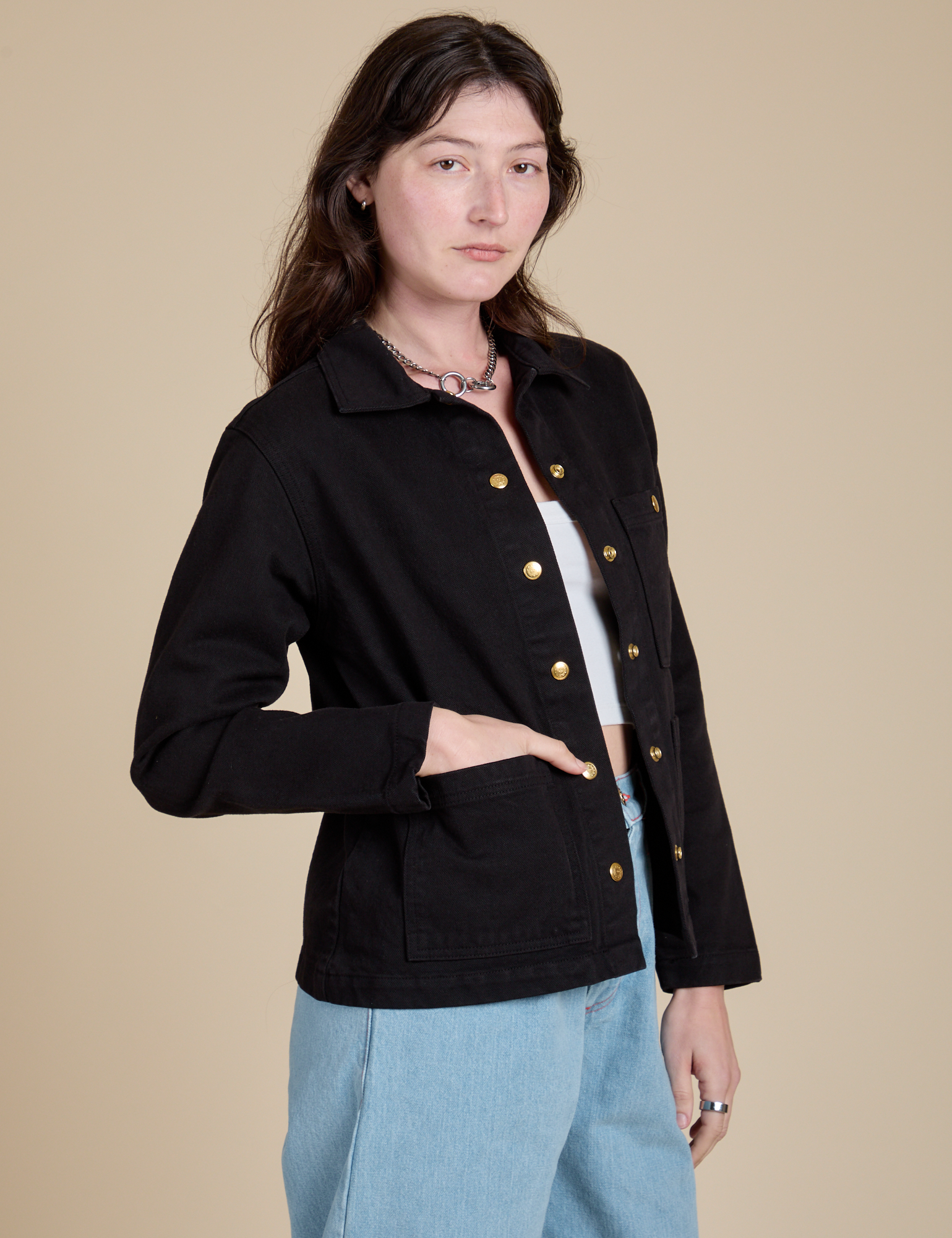 Angled front view of Work Jacket in Basic Black on Alex