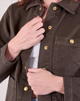 Denim Work Jacket in Espresso Brown close up on Alex